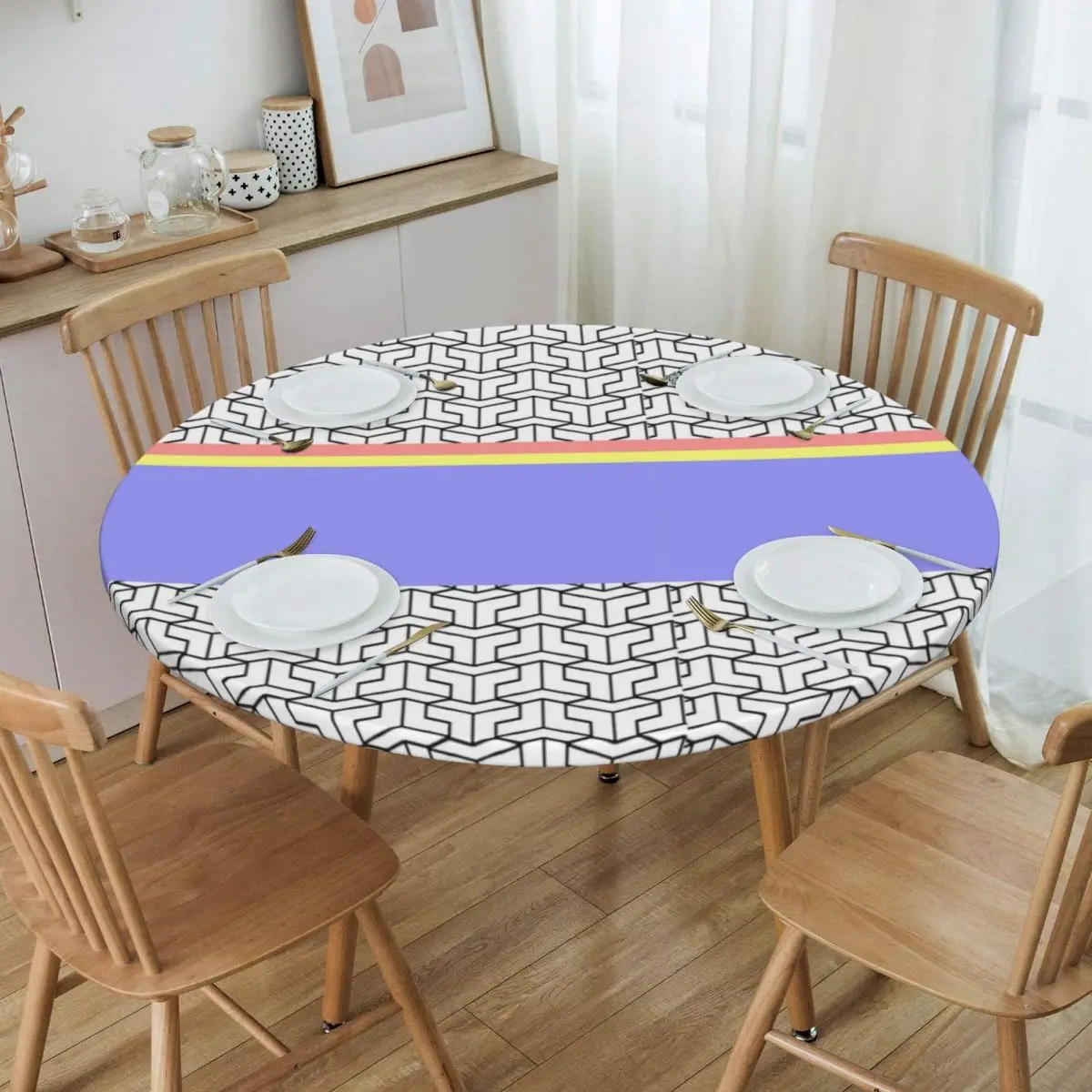 

Круглая водостойкая маслостойкая настольная Обложка с резинкой на края 45-50 дюймов Подходит для абстрактного синего стола современного искусства