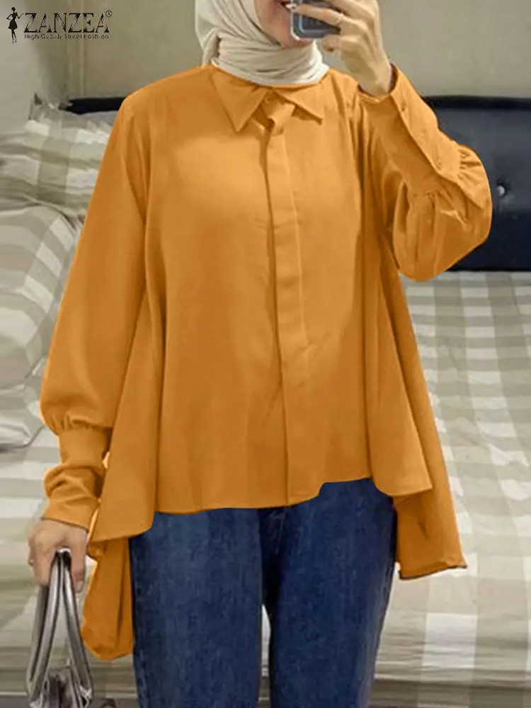 

Fashion Women Blouse Elegant Lapel Neck Long Sleeve Solid Muslim Tops 2023 ZANZEA Casual Vintage Abaya Ramadan Blusas Chemise