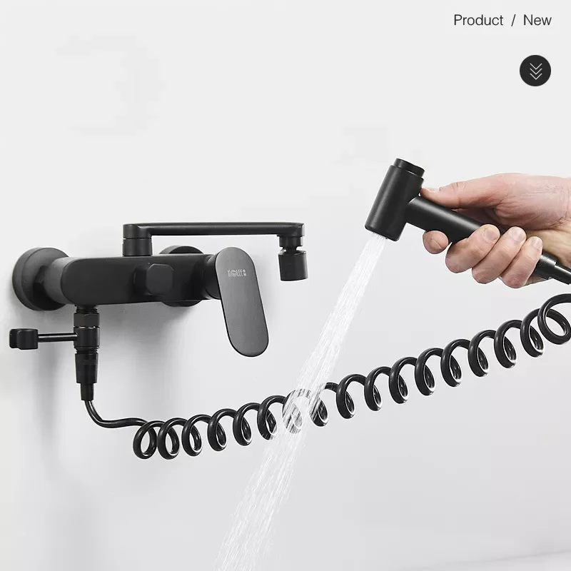 

Matte Black Long Spout Kitchen Faucet Wall Mounted Cold and Hot Bathtube Tap All Matel With BIdet Can As Bathroom Faucet