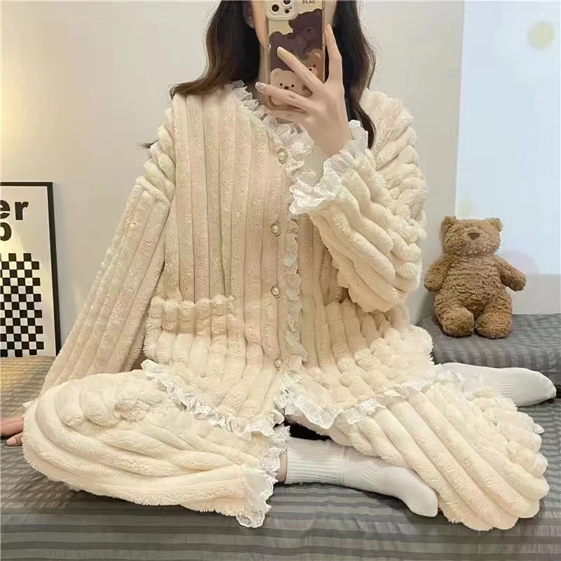 

Winter Pajama Sets Women 2 Piece /Set Comfortable Homewear Warm Thick Sleepwear Home Suits Ladies Flannel Loungewear