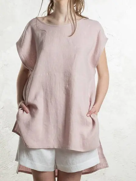 New Autumn Summer Women Cotton andLlinen Shirt With Short Front and Long Back Bat Short Sleeve T-shirt images - 6