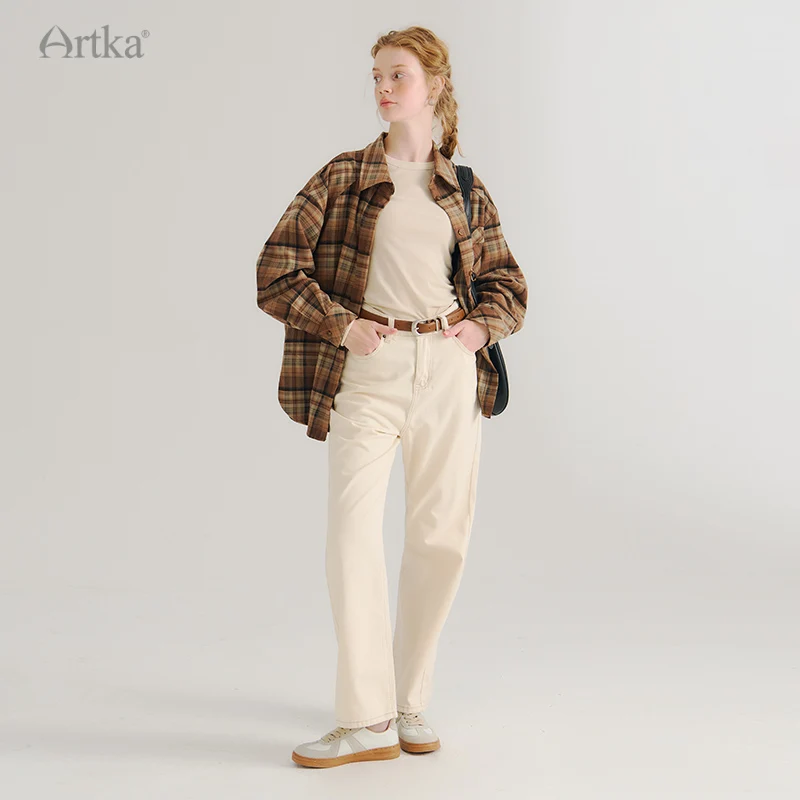 Женская утепленная рубашка в клетку ARTKA синяя Повседневная Свободная винтажном