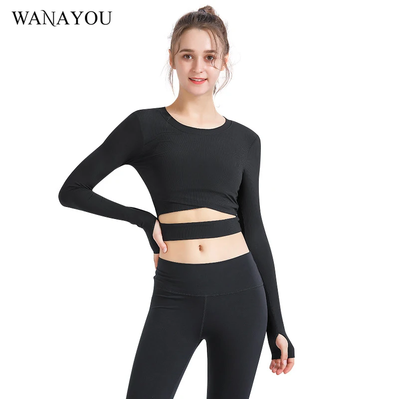 

WANAYOU Cross Yoga Shirts,Women's Long-sleeved Slim Sweat Absorbent Yoga Tops,Exposed Navel Breathable Fitness Sexy Sports Wear