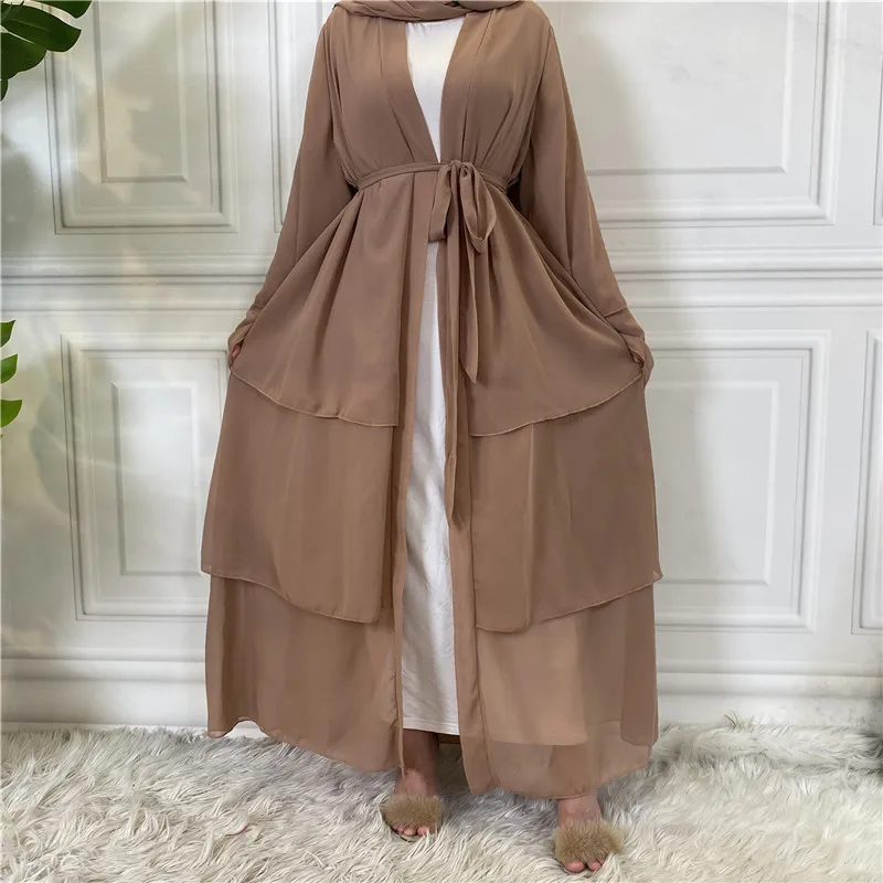 

3 Layered Chiffon Muslim Women Open Abaya Fashion Kimono Maxi Dress Turkey Arab Islam Kaftan Dubai Ramadan Femme Jalabiya Caftan