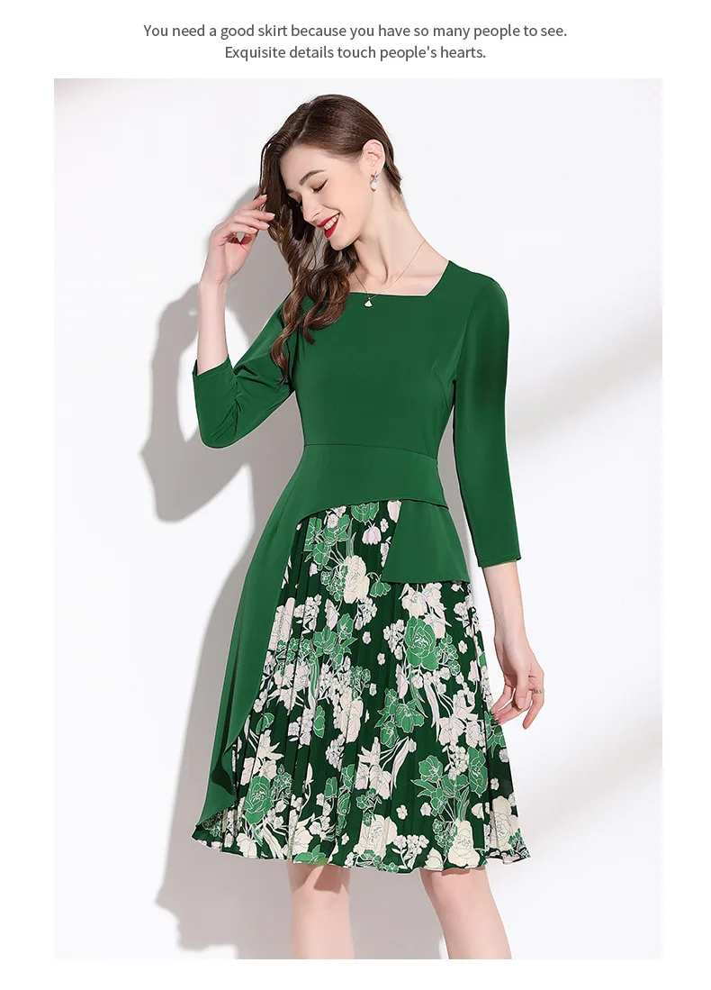 

Elegant Green Flowers Wrinkle Woman Dress Square Collar Long Sleevele Knee Length Bodycon Slim Waist Evening Party Gowns 2023