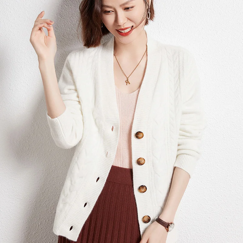 

100% Pure Wool Knitted Women's Cardigan Sweater Solid V-Neck Autumn And Winter Fashion 2023 New Thickened Cardigan Sweater