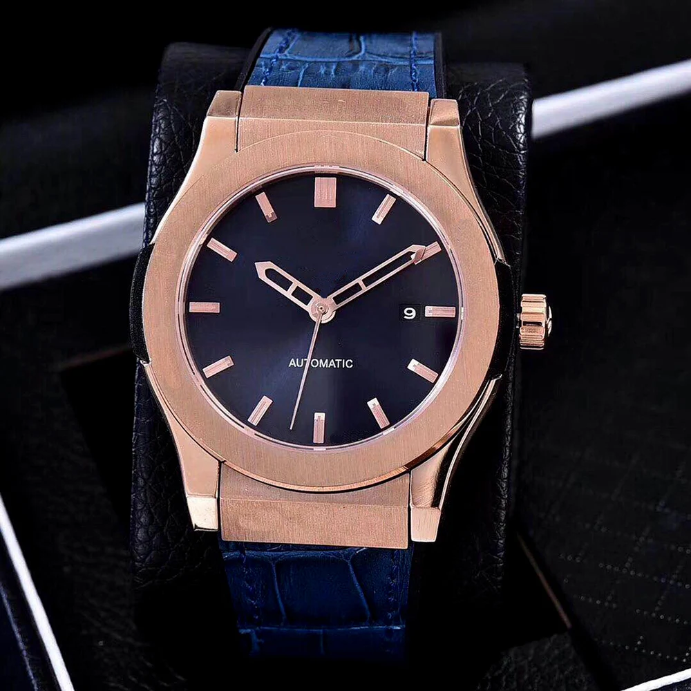 

mens mechanical watch automatic black brown leather rose gold blue