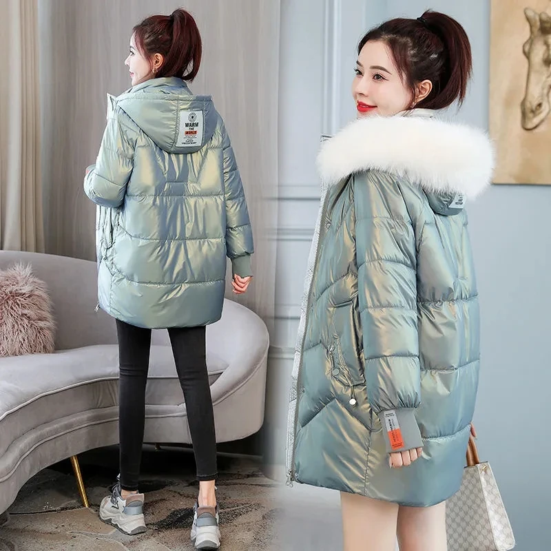 Fur Collar Hooded Quilted Jacket Women Windproof Mid Length Parkas Fashion Glossy Black Padded Coat Snow Wear Winter Outwear