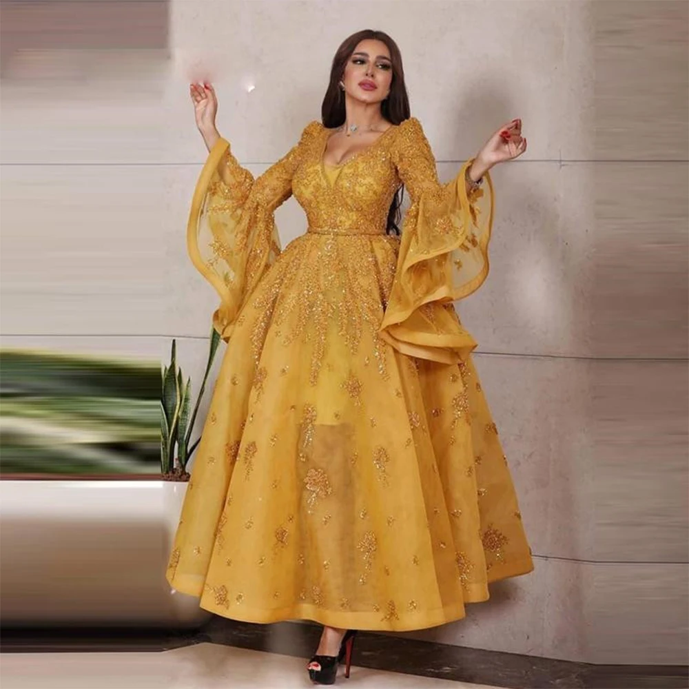 

2023 Luxury Flare Long Sleeve Organza Formal Dress Lace Appliques Sequined Prom Gowns Ankle Length Dubai Arabic Evening Dresses