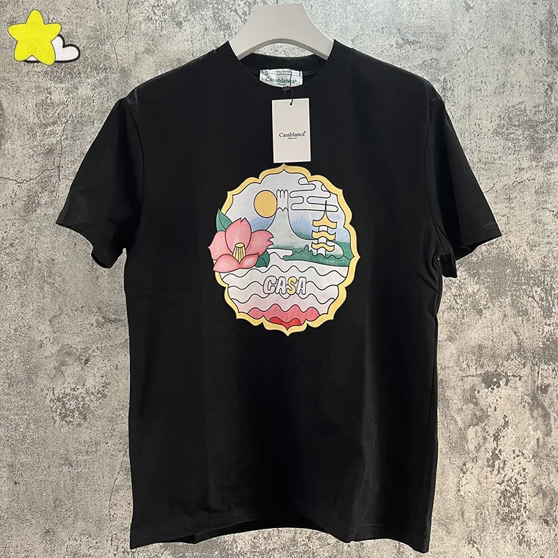 

Футболка Мужская/женская с коротким рукавом, Повседневная рубашка с круглым мультяшным логотипом, Топ в стиле Касабланки, черного и белого цвета, 1:1