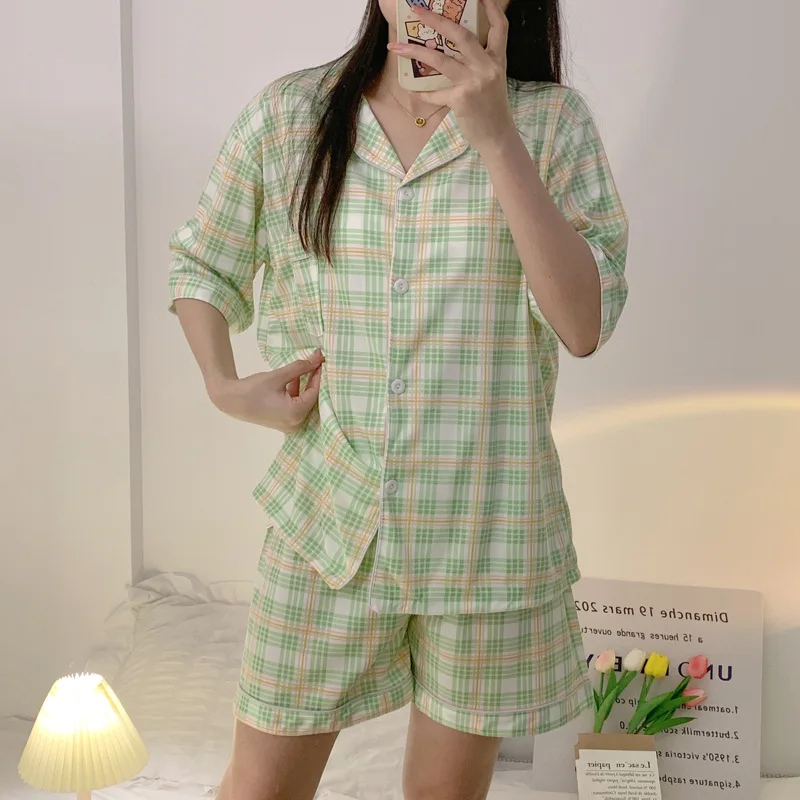 

Yasuk летняя модная женская Повседневная Милая одежда Kawai с карманом Пижама с шортами брюки Зеленая клетчатая теплая одежда