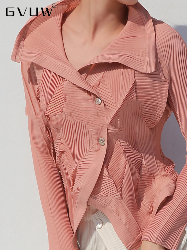 

GVUW Pleated Irregular Short Shirts Women Long Sleeve Round Collar Loose Single Brteasted 2023 Summer Female Fashion Top 17D1531