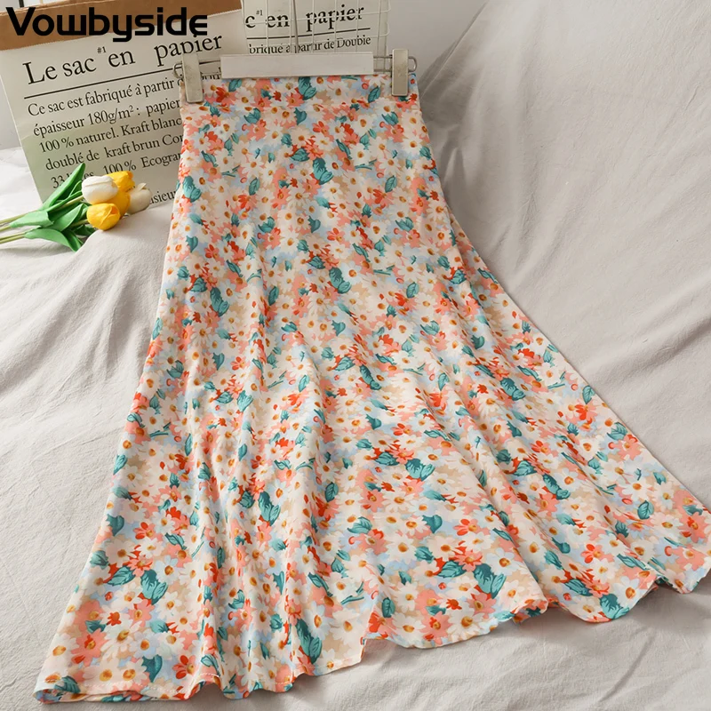 

Summer Women's Floral Skirt Elastic Waist A-line Mid-calf Long Skirt