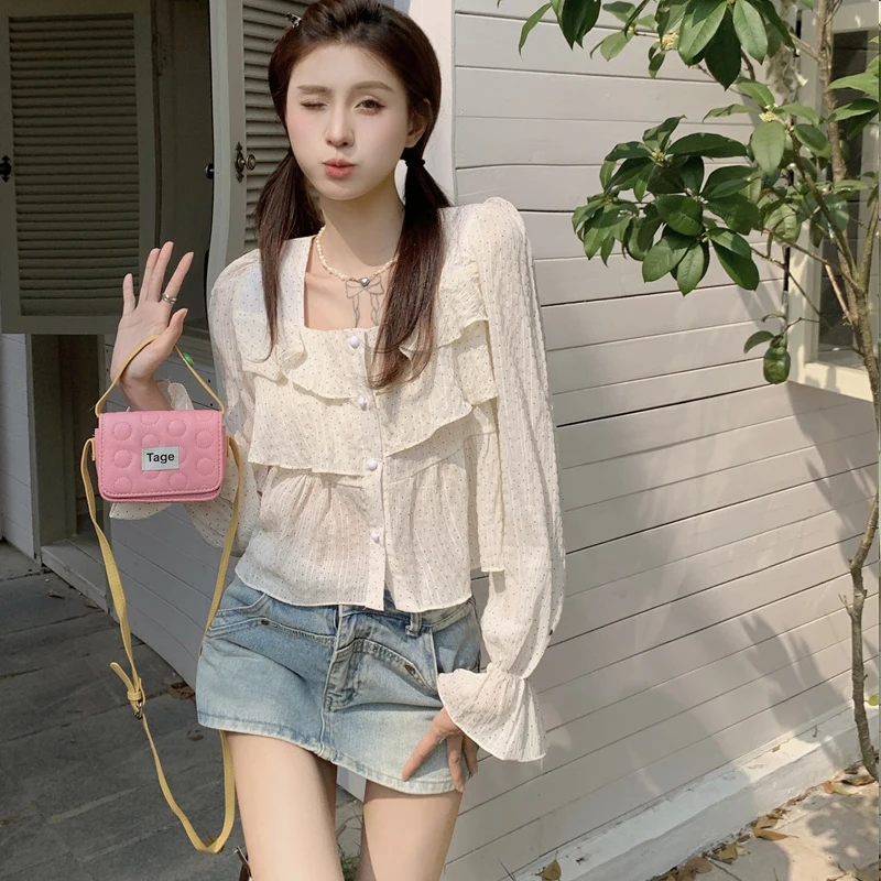 Рубашка женская прямая в горошек милая блузка с оборками топ квадратным вырезом