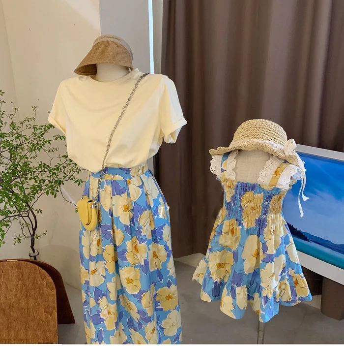 Mother and Douther Clothes Summer Women R Shirt Skirts Two Piece Set Baby Girls Floral Dresses Family Matching Summer Clothing
