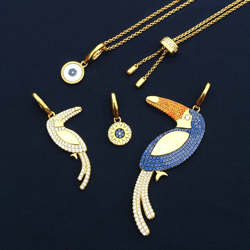 

Amoo Shell Sun Blue Stone Toucan Woodpecker Pendant Necklace S925 Sterling Silver Lovely Animal Woman Girl Gold Bohemian Jewelry