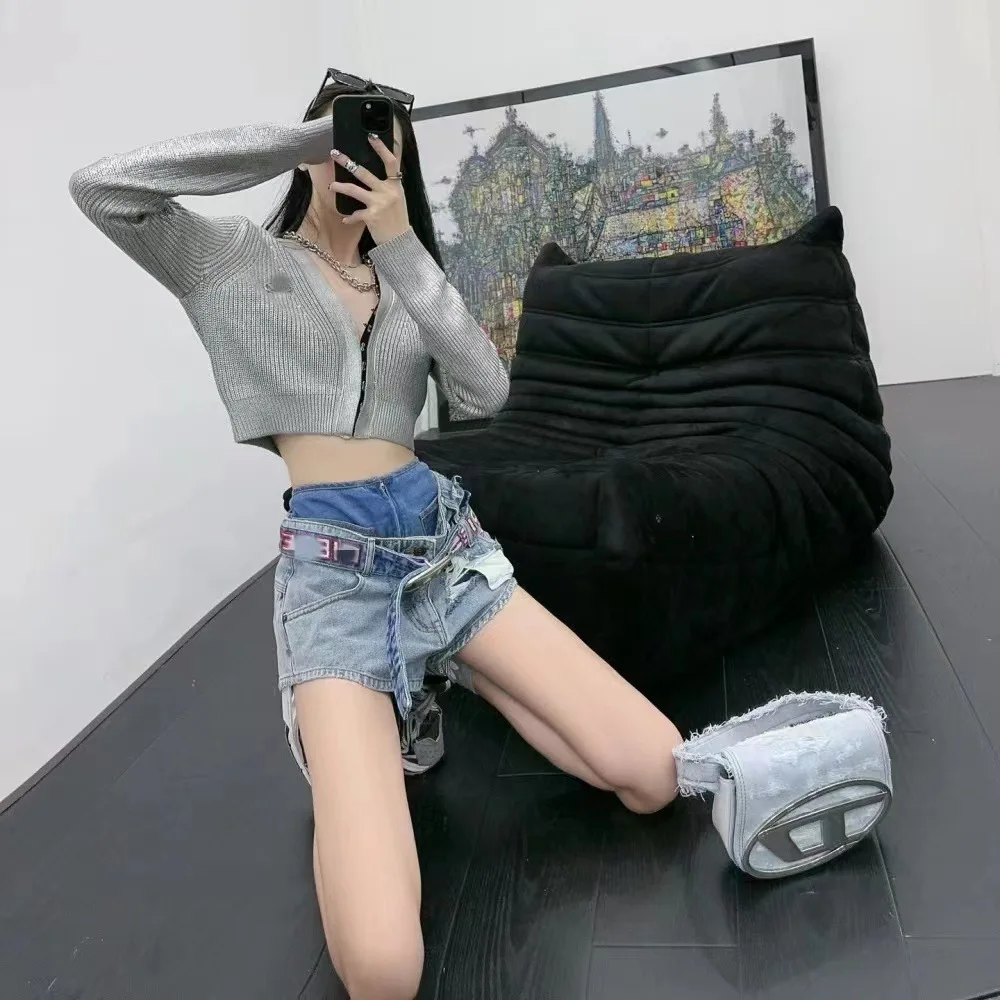 Женские синие джинсовые брюки с ремнем летние Рваные шорты высокой талией и