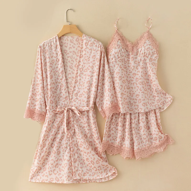 

Summer Women 3PCS Pajamas Set Pink Silky Satin Robe Strap Top&shorts Pijamas Sleep Suit Print Lace Sleepwear Nightwear Homewear