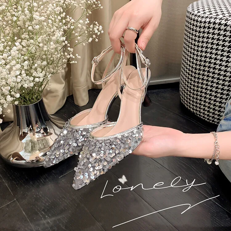 

Ins 2022Summer Women Sandals Silver Sequins Shallow High Heels Gladiator Ankle Strap Sandalias Black Prom Party Pumps Chaussure