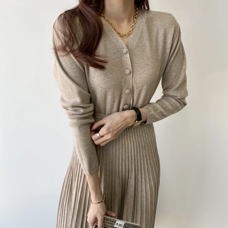 

2022 Autumn Winter Korean Style Fashion Knitted Belted Female A-Line Soft Vestidos Elegant Single-Breasted Long Dress for Women