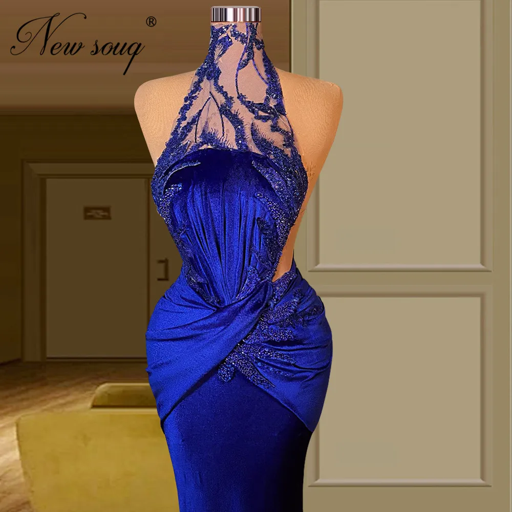 

Женское вечернее платье с юбкой годе, синее длинное платье с лямкой на шее, расшитое бисером, в стиле звезд, для выпускного вечера, для вечеве...