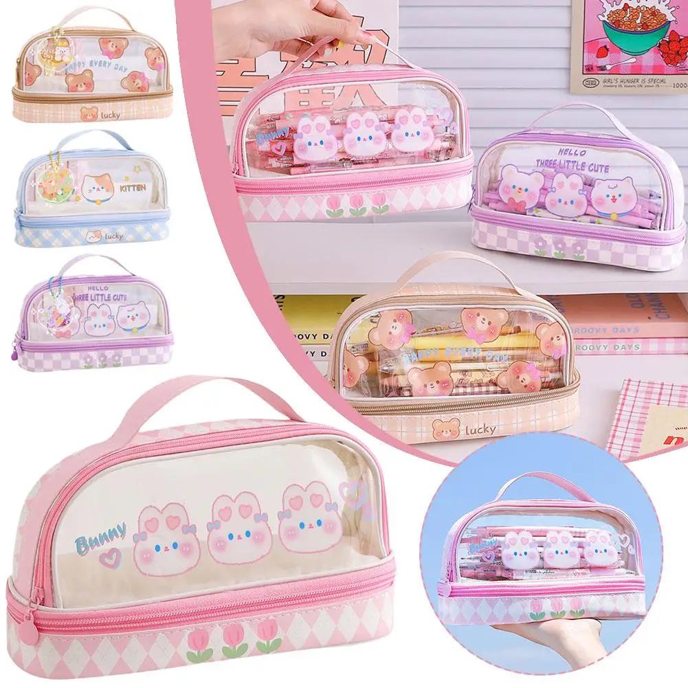 

1Pcs Large Capacity Cartoon Student Portable Transparent Pen Bag Bear Box Portable Student Bag Stationery Stationery Storag J3B2