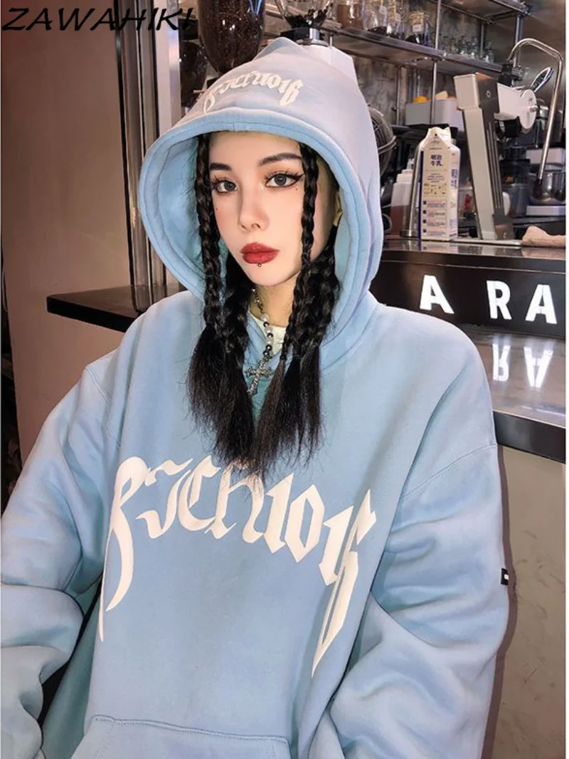 

Retro Letter Rmbroidery Hooded Sweater Women's Winter Fleece Thickening LoosePullover Top Women's Hoodie Y2k Streetwear