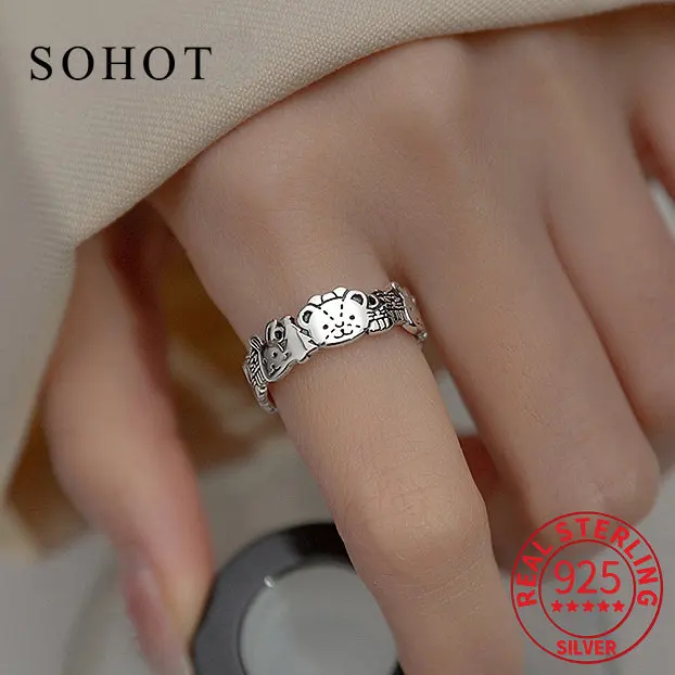

Real 925 Sterling Silver Bear and Rabbit Adjustable Ring for Fashion Women Classic Animal Fine Jewelry Minimalist Bijoux