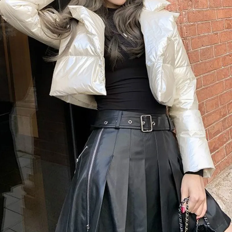 Hooded Parka Puffer Jacket Solid Cropped Bubble Coat Ladies New Fashion Polyester Clothing Short Streetwear Women Winter Coats