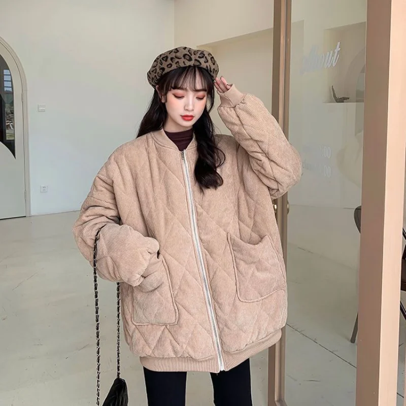 Winter Women's Cold Coat Corduroy Thick Padded Jacket Jackets Harajuku Super Hot Coats Loose Retro Long Sleeve Top Cheap New