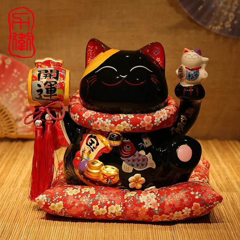 

Ceramic Black Lucky Cat Maneki Neko Piggy Bank Shop Decoration Cute Smiling Face Gift