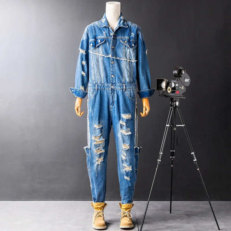 Denim One-piece Suit Men Fashion Hip-hop Hole Broken Washing Overalls Mens Jumpsuits