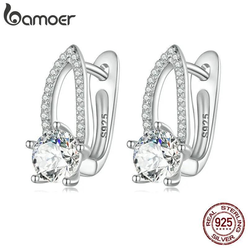 Bamoer 925 Sterling Silver Round Zircon Ear Buckles Brilliant Hoop Earrings for Women Birthday Gift Fine jewelry BSE732