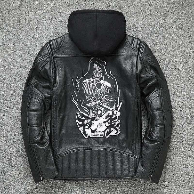 

Mens Genuine Autumn Spring Top Layer Cow Leather Coat Removable Hooded Motorcycle Jacket Men Clothing Tide