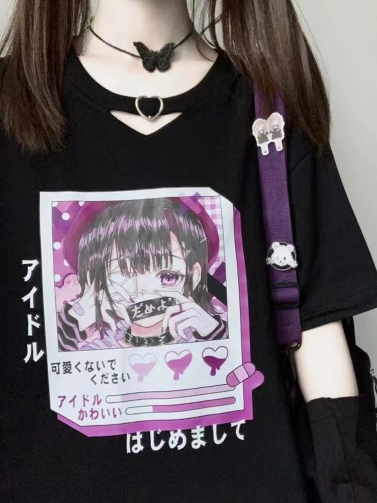 

Футболка женская в стиле Харадзюку, летняя рубашка с рисунком комиксов, топ с коротким рукавом в готическом стиле с аниме кайи, в японском ст...