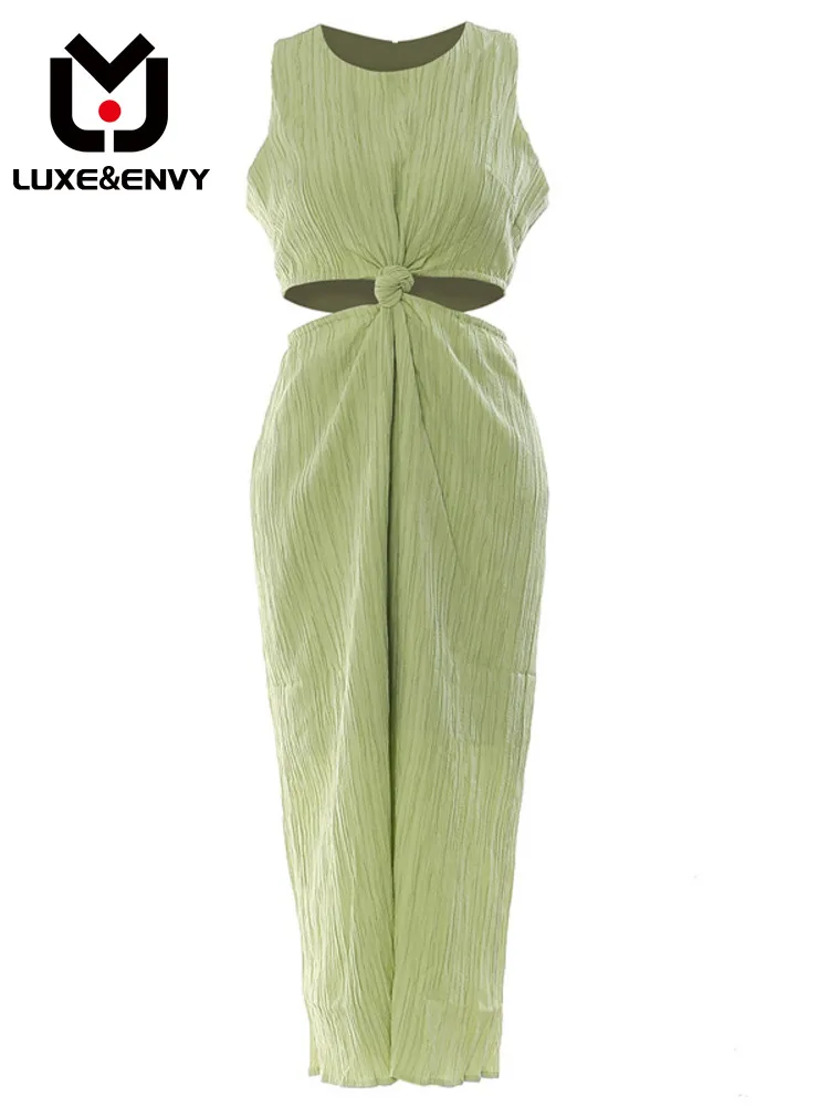 

LUXE&ENVY 2023 Women Spring Candy Color Waist Slim Sleeveless Side Split Vest Dress Women Fashion Pleated Hollow Out