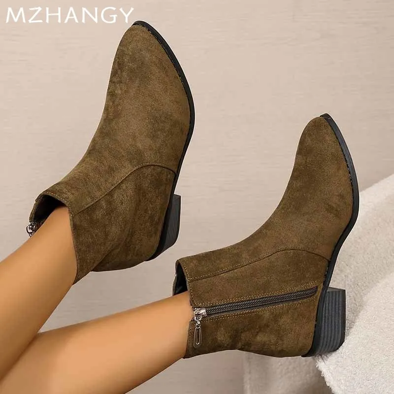 Женские замшевые ботильоны на массивном каблуке модные элегантные ботинки