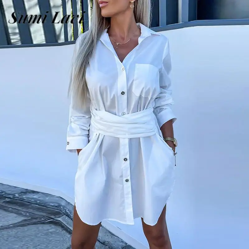 

Lapel Shirt Office Lady Dress Fashion Single-breasted Long Sleeve Solid Color Mini Dress Elegant Women Lace-up Cardigan Dresses