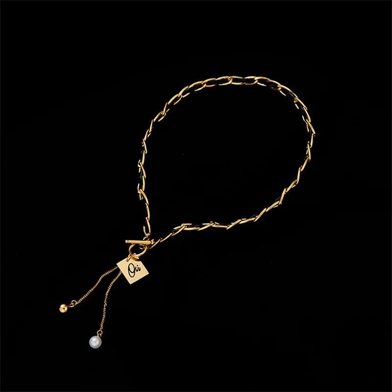 French Woven Stainless Steel Pendant Necklace Women Hip Hop Trend Luxury Leather Pearl Collarbone Chain Party Jewelry |