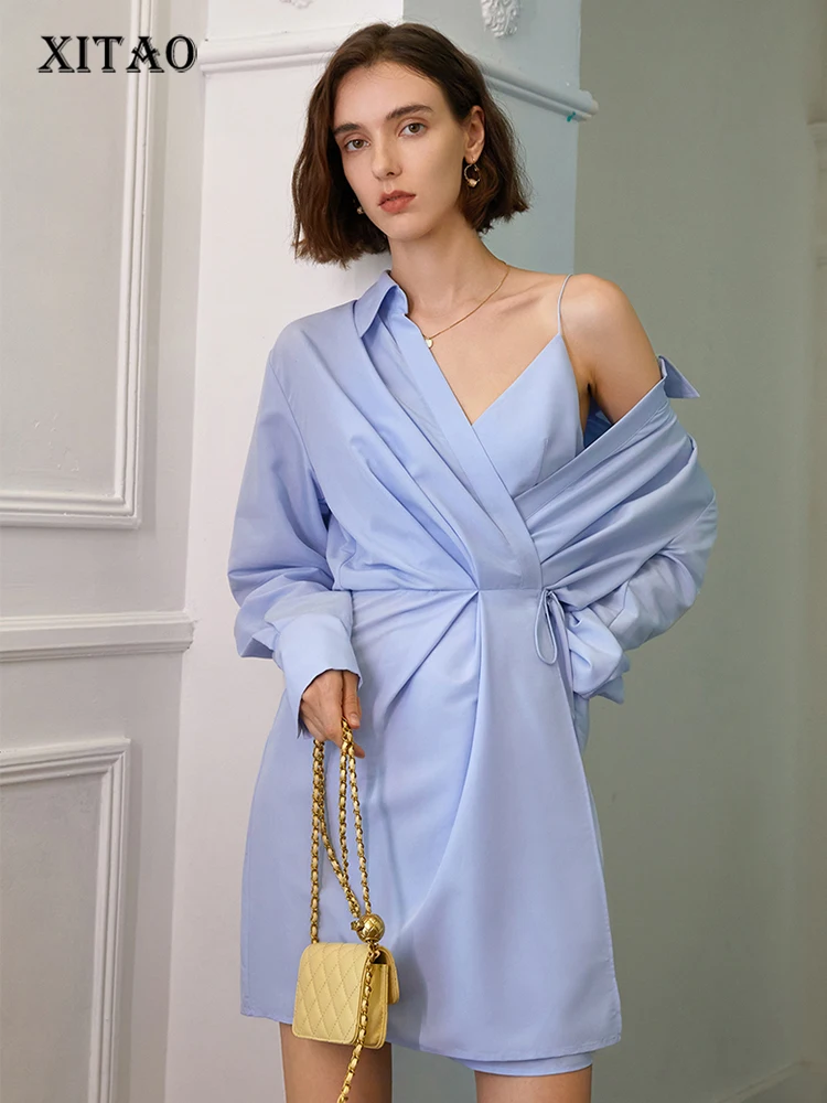 

XITAO Asymmetrical Solid Dress Women Korea 2022 Summer New Arrival Personality Fashion Loose Long Sleeve Casual Dress WLD7760