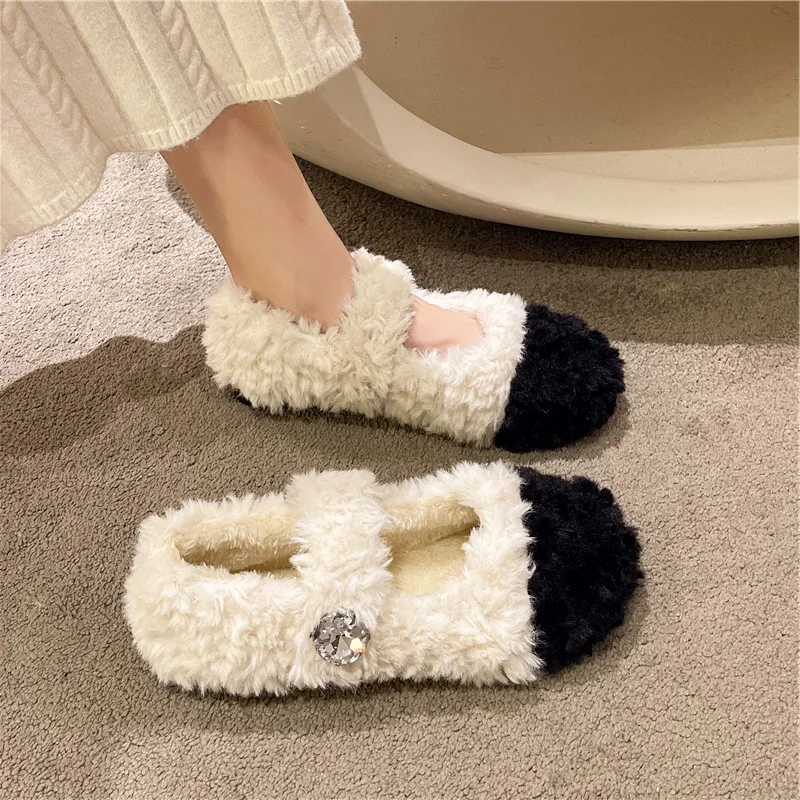 

All-Match Shoes Woman Comfortable And Elegant Casual Female Sneakers Round Toe Mixed Colors Loafers Fur Flats Moccasin New