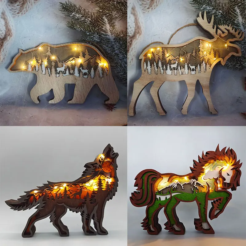 

Wooden Animal Statue Creativity Wolf Totem Office Home Decorate Crafts Christmas Gift North Forest Elk Brown Bear Ornaments