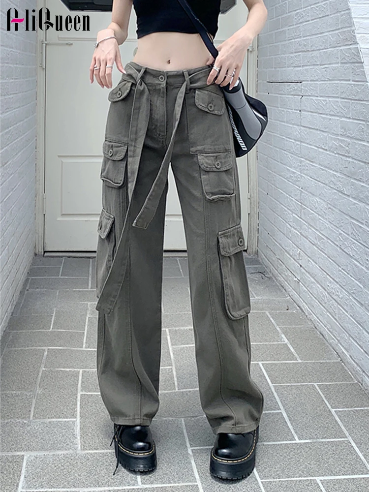 

Корейские ремни с завышенной талией и карманами, деловые мешковатые брюки Bf, свободные широкие длинные брюки, уличная одежда