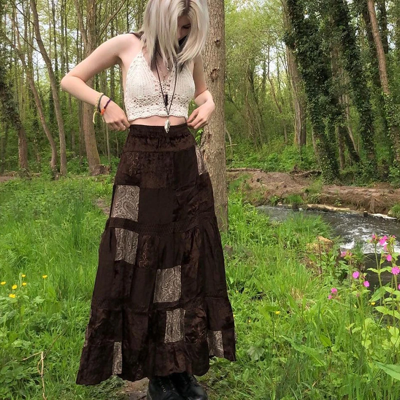 

Ladies Long Y2k Cute Party Skirt Printed Boho Style Grunge Fairycore Retro Skirt Kawaii Holiday Brown Pleated Skirt Elegant