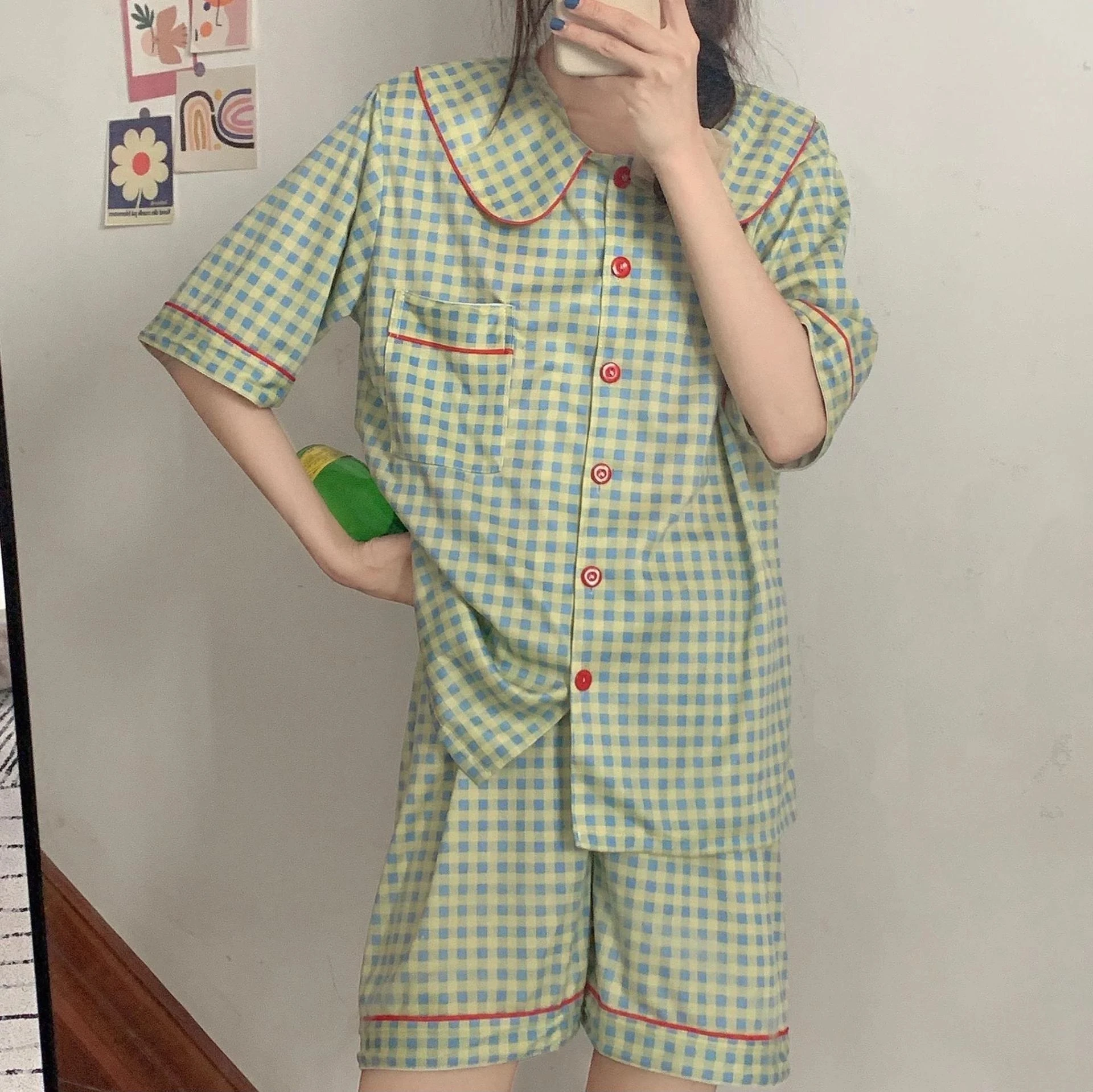 Yasuk Spring Summer Fashion Women's Casual Lovely Red Plaid Sleepwear Cute Kawai Retro Pajamas With Shorts Pants Green Soft