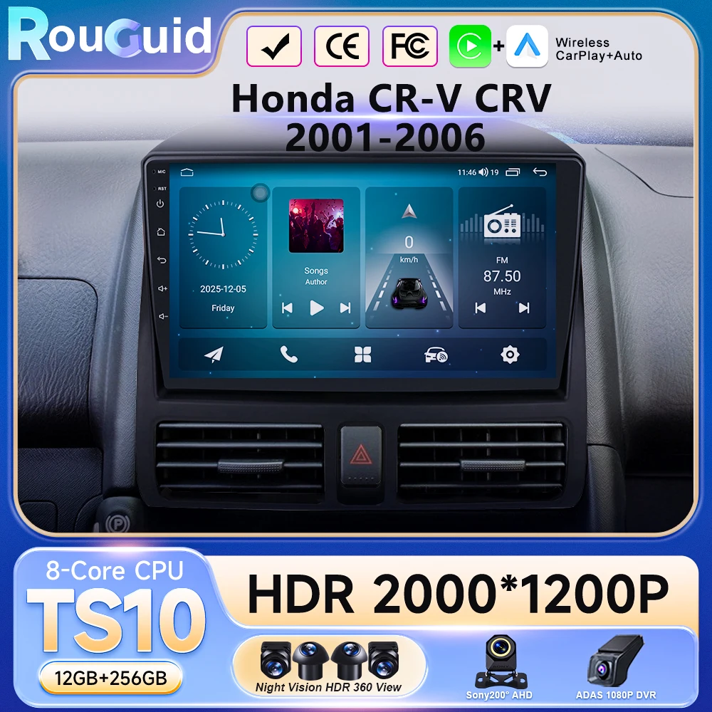Фото Автомобильный мультимедийный видеоплеер Android 16 для Honda CR-V CRV 2001-2006 с GPS-навигацией и Carplay №1