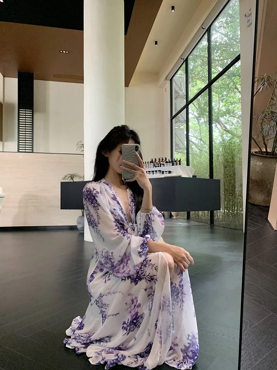 Gaganight женское фиолетовое высококлассное платье с V-образным вырезом принтом 2024