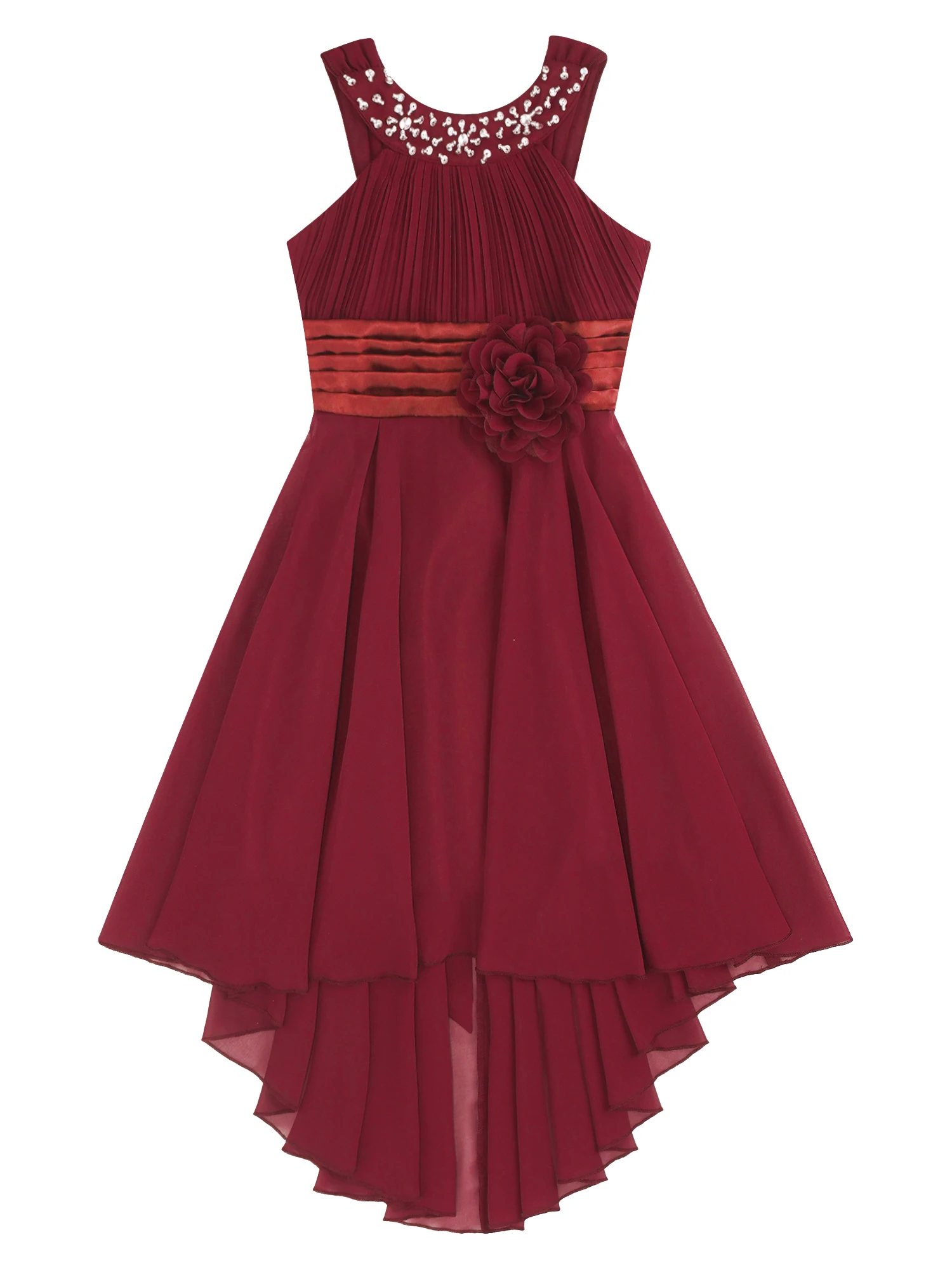 

Kids Girls Flower Adorned Party Dress Sleeveless Ruched Shiny Beaded High-low Hem Elegant Chiffon Dress for girls