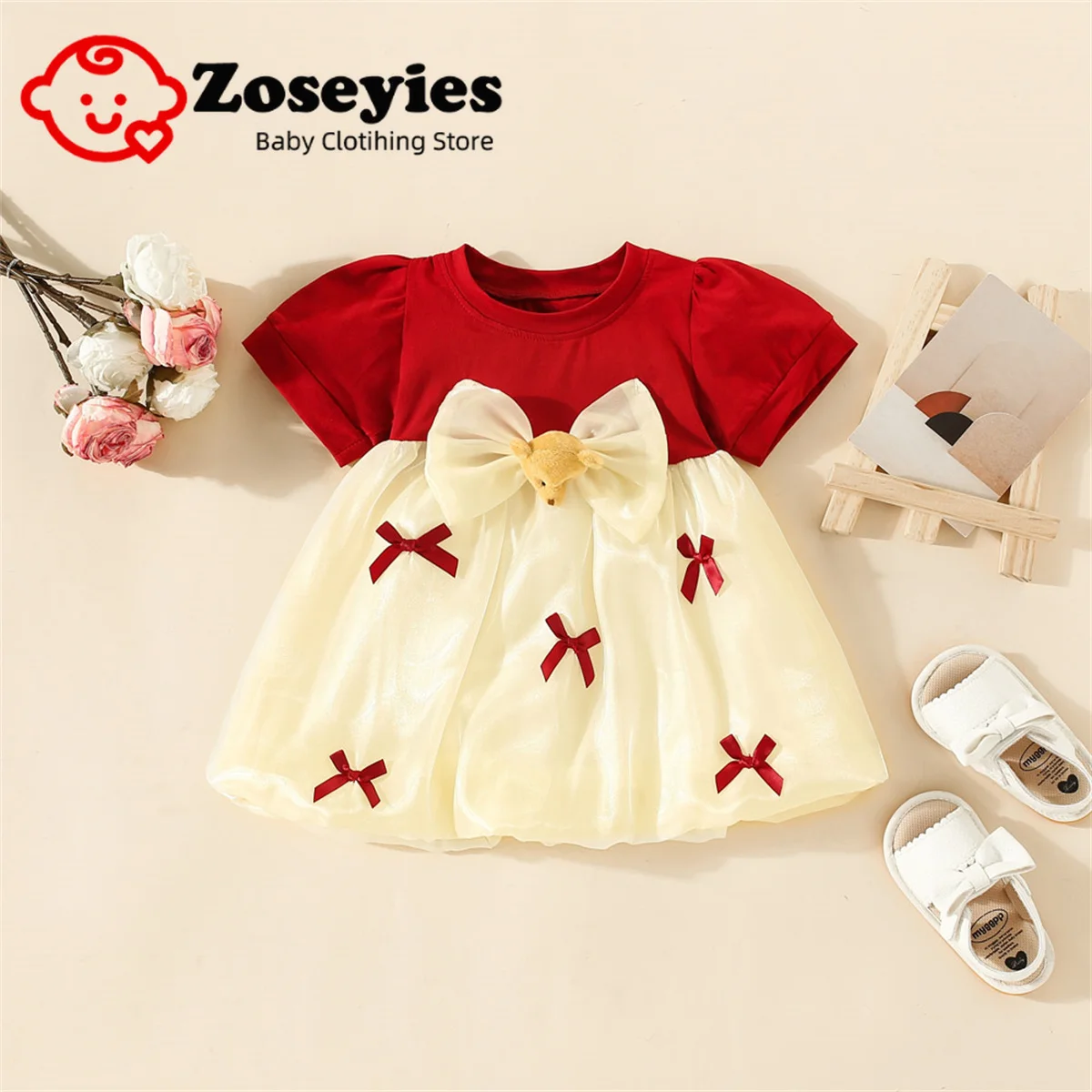 

Summer New Baby Girl'S Dress Knitted Splice Bow Twilight Cloud Short Sleeve Cute Everyday Children'S Clothing