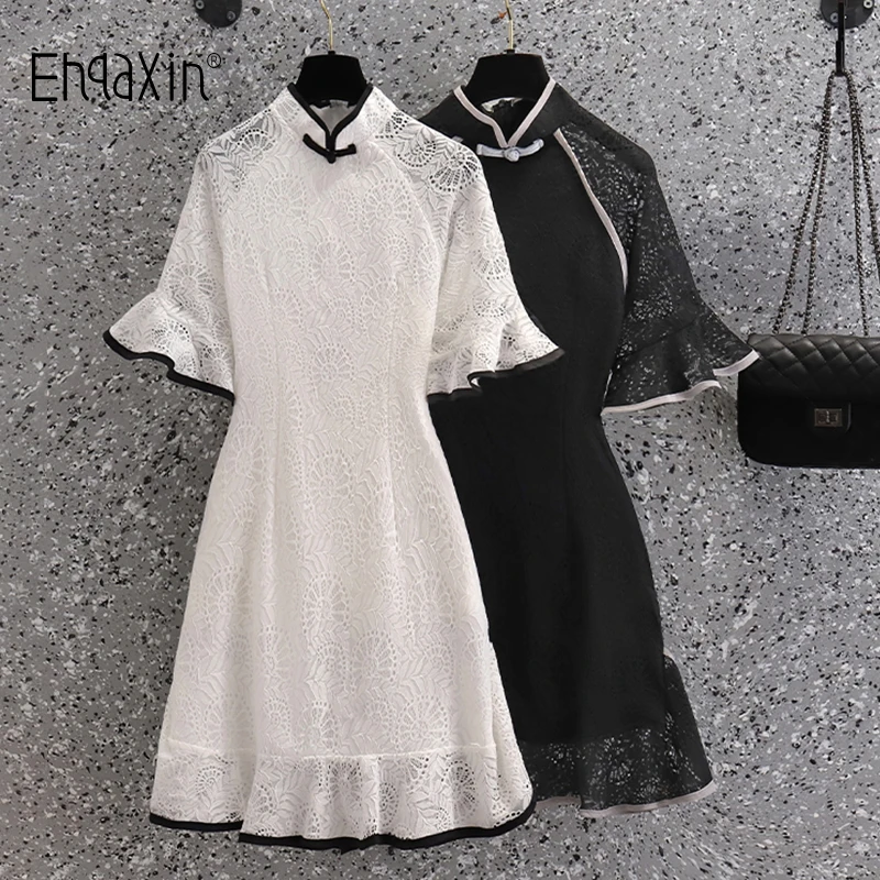

EHQAXIN 2022 Summer Womens Dress New Retro Improved Cheongsam Skirt Ruffle Sweet Fairy Lace Dresses For Ladies S-4XL